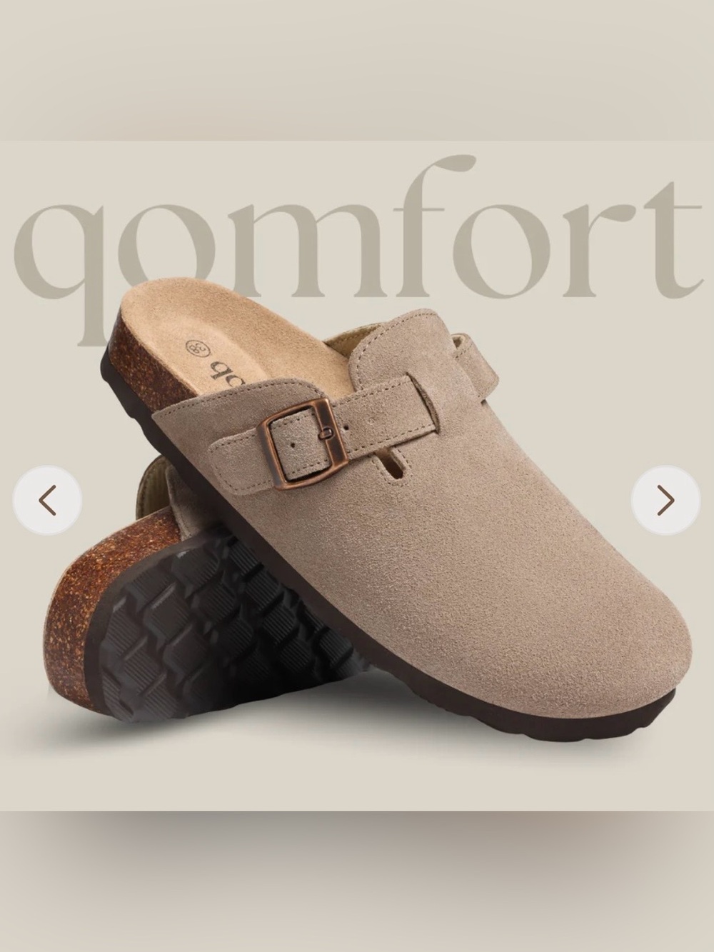 Qomfort Suede Slip-On Clog with Adjustable Buckle‎ - Taupe Size 40